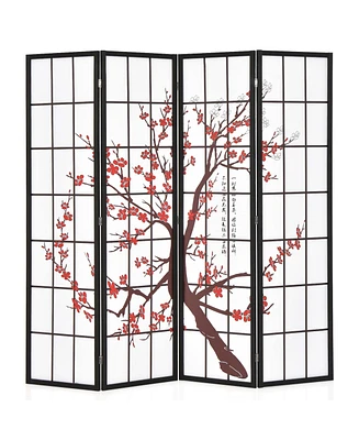 Costway 4-Panel Japanese Style Folding Room Divider with Elegant Plum Blossom Design Indoor