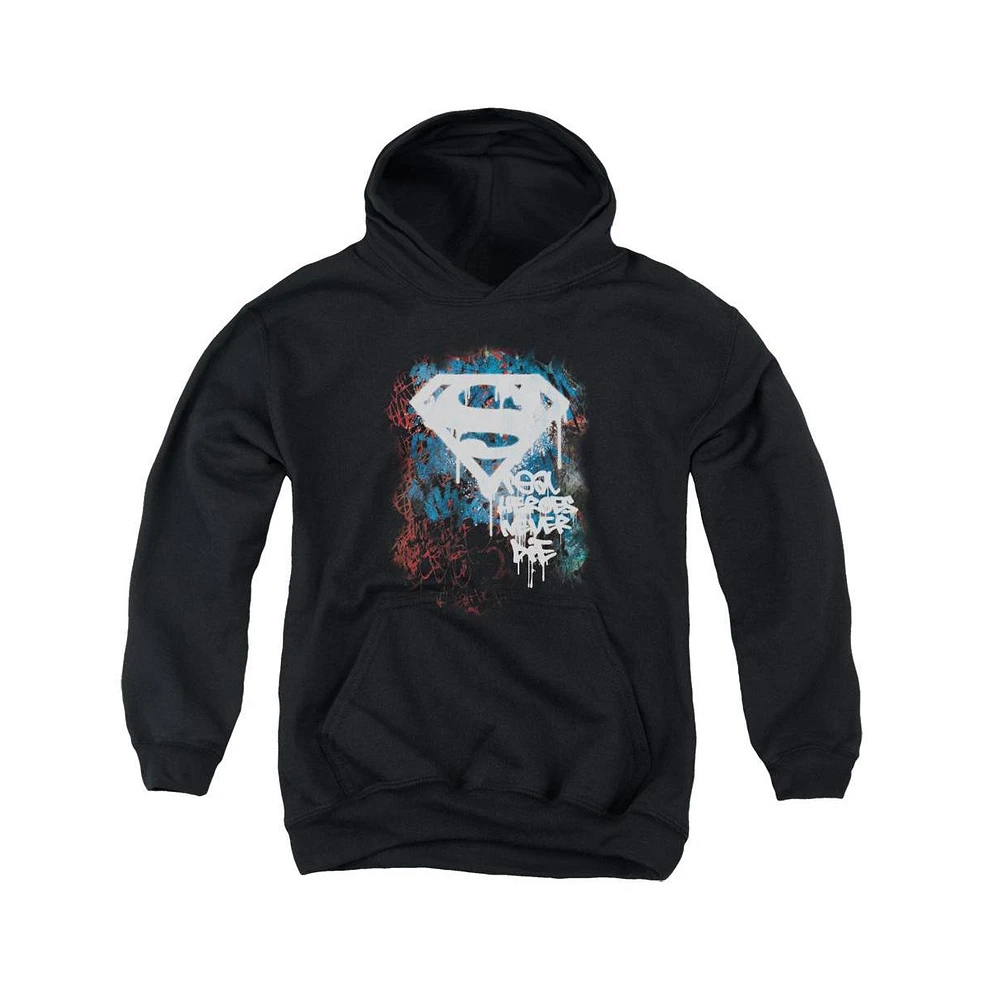 Superman Boys Youth Real Heroes Never Die Pull Over Hoodie / Hooded Sweatshirt