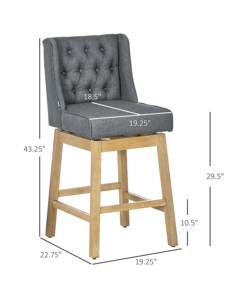Homcom Bar Height Bar Stools Set of 2, 180 Degree Swivel Kitchen Island Stool, 28" Seat Height with Solid Wood Footrests and Button Tufted Design, Gre