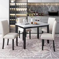 Streamdale Furniture Faux Marble 5-Piece Dining Set Table With 4 Thicken Cushion Dining Chairs Home Furniture