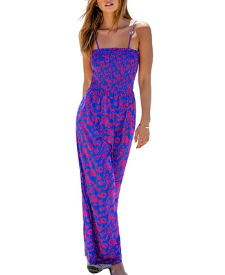 Cupshe Women's Floral Square Neck Smocked Bodice Straight Leg Jumpsuit