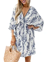 Cupshe Women's Romantic Floral Dolman Sleeve Mini Beach Dress