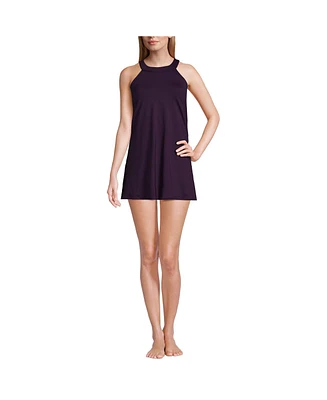 Lands' End Women's Long Chlorine Resistant High Neck Swim Dress One Piece Swimsuit