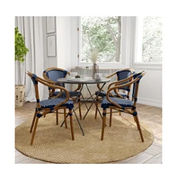 Merrick Lane Sacha Set Of Four Stacking Thonet Bistro Style Chair With Arms, Pe Rattan Seat, And Bamboo Metal Frame For Indoor/Outdoor Use