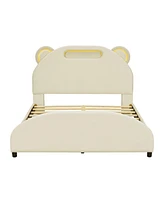 Simplie Fun Full Upholstered Platform Bed With Bear-Shaped Headboard And Embedded Light Stripe, Velvet