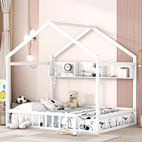 Streamdale Furniture Wooden Full Size House Bed With Storage Shelf, Kids Bed With Fence And Roof, White