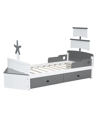 Simplie Fun Twin Size Boat-Shaped Platform Bed With 2 Drawers, Twin Bed With Storage For Bedroom, Gray