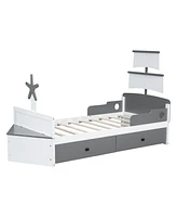 Simplie Fun Twin Size Boat-Shaped Platform Bed With 2 Drawers, Twin Bed With Storage For Bedroom