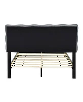 Streamdale Furniture Queen Velvet Platform Bed With Led Frame And Stylish Mental Legs