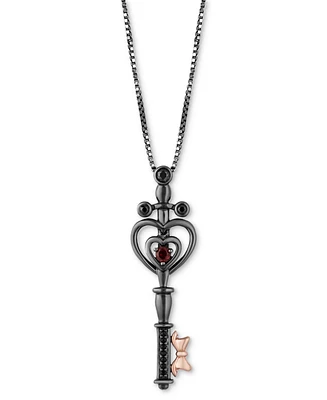 Garnet (1/10 ct. t.w.) & Black Diamond (1/10 ct. t.w.) Evil Queen Sword Key Pendant Necklace in Black Rhodium- & Rose Gold-Plated Sterling Silver, 16"