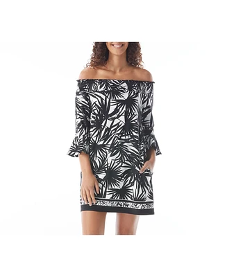 Beach House Style Women's Palm Print Kelsea Smocked Off the Shoulder Dress