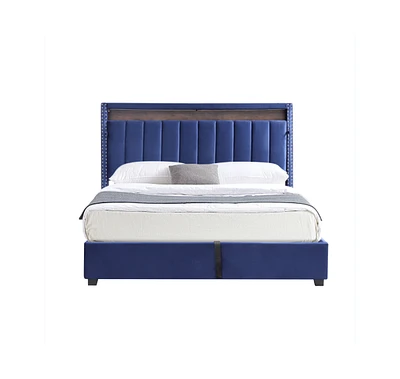 Simplie Fun Luxury Gas Lift Storage Bed With Rf Led Lights, Storage Headboard, Full Size, Velvet Blue