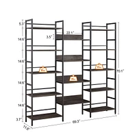 Triple Wide 5-shelf Bookshelves Industrial Retro Wooden Style Home and Office Large Open Bookshelves, Dark Grey, 69.3 Console Table x 11.8 Console Tab