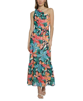 Maggy London Women's Printed Asymmetric-Neck Maxi Dress