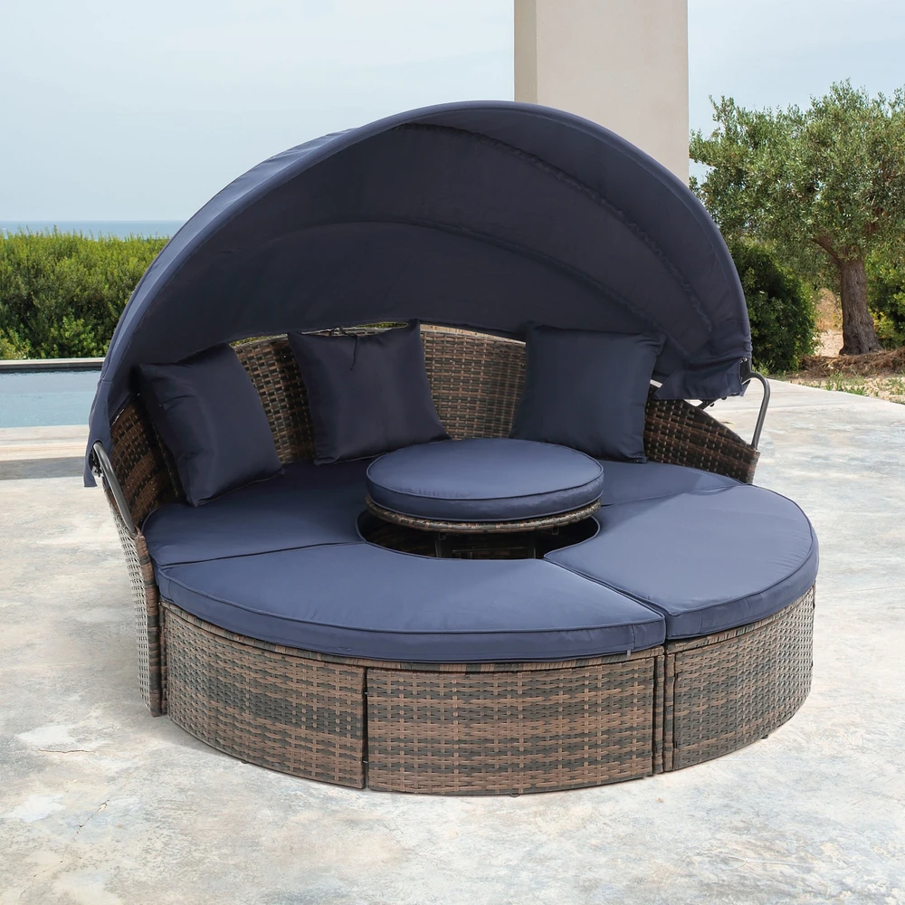 Round Rattan Lounge Set with Canopy & Lift Coffee Table