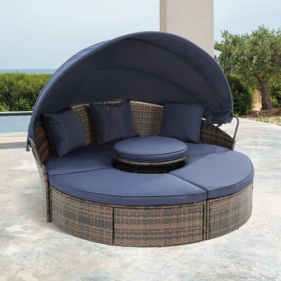 Round Rattan Lounge Set with Canopy & Lift Coffee Table