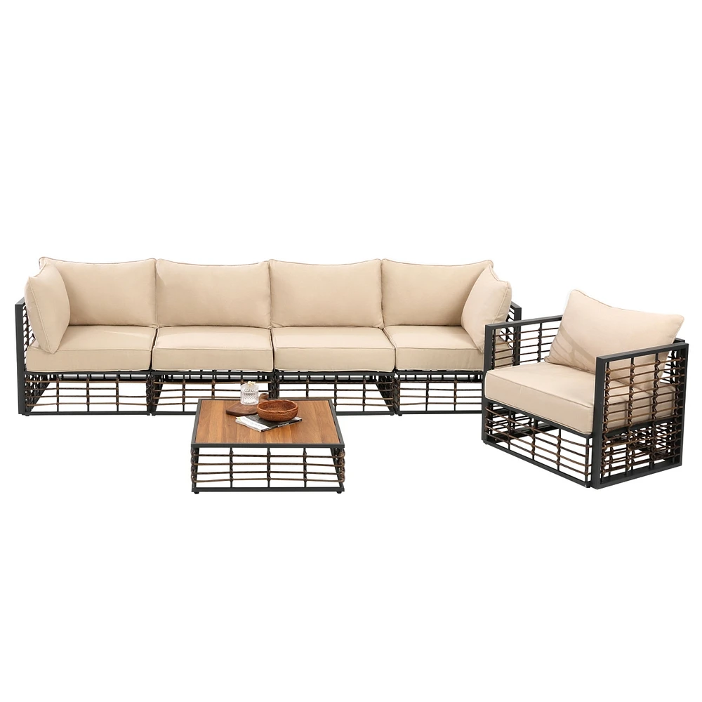 Simplie Fun 6-Piece Wicker Patio Furniture Set with Beige Cushions