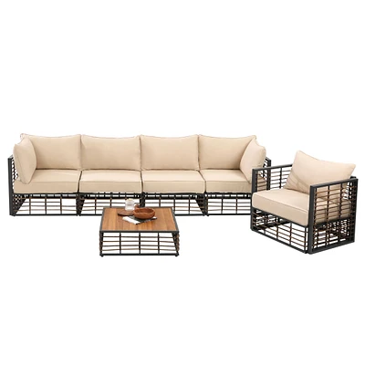 Simplie Fun 6-Piece Wicker Patio Furniture Set with Beige Cushions