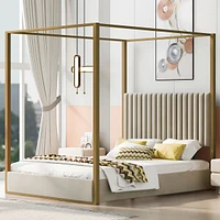 Streamdale Furniture Queen Size Upholstery Canopy Platform Bed With Headboard And Metal Frame, Beige