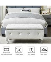 White Faux Leather Ottoman with Crystal Buttons