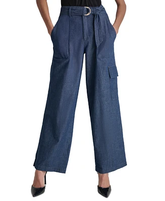 Dkny Women's High Rise Belted Wide-Leg Cotton Denim Cargo Pants