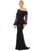 Xscape Petite Off-The-Shoulder Floral-Sleeve Gown