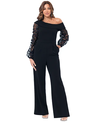 Xscape Women's 3D Floral-Sleeve Wide-Leg Jumpsuit