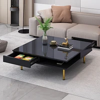 High gloss coffee table with golden legs and drawers, 2-tier center for living room
