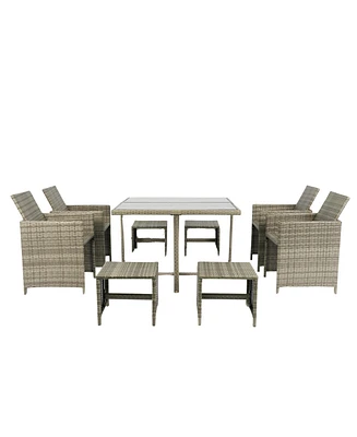 Simplie Fun 9-Piece Patio Dining Set with Rattan Chairs & Glass Table