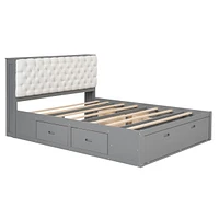 Wood Queen Platform Bed With Storage Headboard, Shoe Rack And 4 Drawers