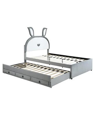Simplie Fun Full Platform Bed with Trundle, Drawers & Rabbit Headboard Led Lights
