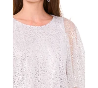 Msk Petite Sequin-Mesh Blouson-Sleeve Banded-Hem Top