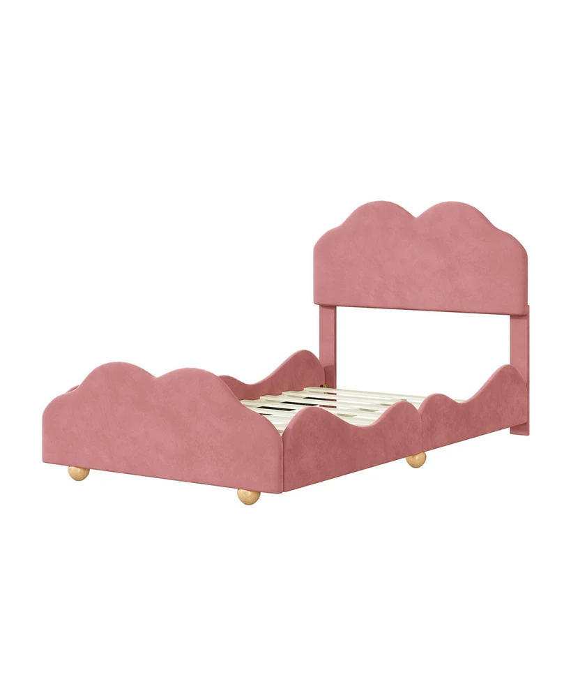 Simplie Fun Twin Size Upholstered Platform Bed With Cloud Shaped Bed Board, Dark Pink