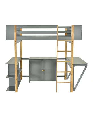 Simplie Fun Full Wood Loft Bed With Built-In Storage Cabinet And Cubes, Foldable Desk