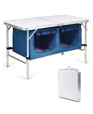 Gymax Folding Camping Table Aluminum Height Adjustable w/ Storage Organizer Dark Blue