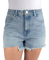 Indigo Rein Juniors' Cotton High-Rise Rhinestone Frayed Shorts