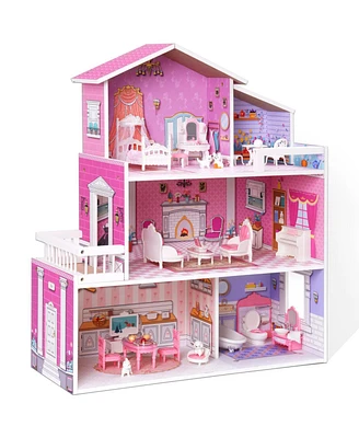 Simplie Fun Wooden Dollhouse For Kids With 24 Pieces Furniture Preschool Dollhouse House Toy