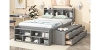 Streamdale Furniture Full Bed With Bookcase Headboard, Under Bed Storage Drawers And Bed End Storage Case, Grey