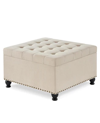 Simplie Fun Beige upholstered storage ottoman with wooden legs