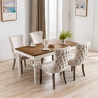 2 Beige Wingback Dining Chairs with Nailhead Trim & Wood Legs