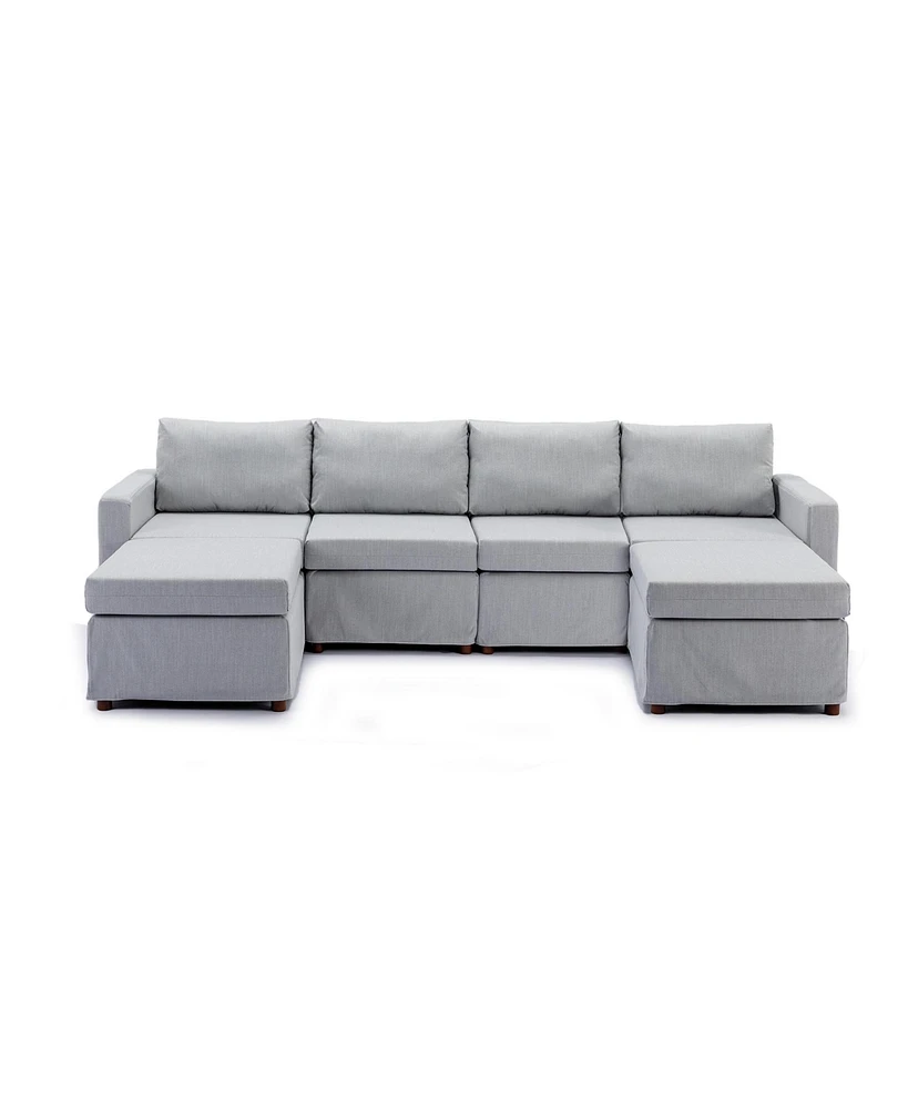 Simplie Fun 4-Piece Sectional Sofa with Ottoman, Light Grey, Washable