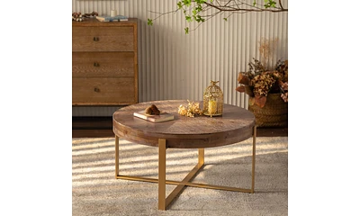 33.86"Modern Retro Splicing Round Coffee Table, Fir Wood Table Top With Gold Cross Legs Base