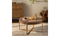 33.86"Modern Retro Splicing Round Coffee Table, Fir Wood Table Top With Gold Cross Legs Base