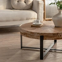 Streamdale Furniture 31.29"Modern Retro Splicing Round Coffee Table, Fir Wood Table Top with Black Cross Legs Base(Same Sku:W75770652)