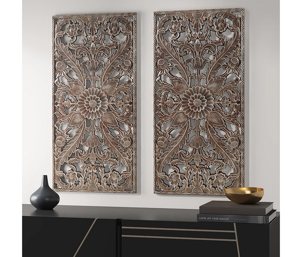 Botanical Panel Distressed Carved Wood 2-Piece Wall Decor Set