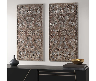 Botanical Panel Distressed Carved Wood 2-Piece Wall Decor Set