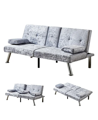 Simplie Fun Gray Velvet Sofa Bed with Removable Armrests & Cup Holders