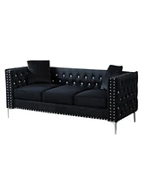 Simplie Fun 82.3" Width Modern Velvet Sofa Jeweled Buttons Tufted Square Arm Couch, 2 Pillows