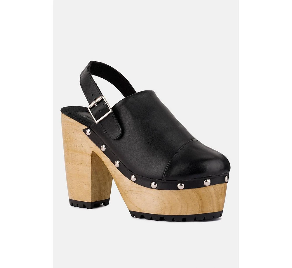 Rag & Co Alona Brown Slingback High Block Heeled Clogs