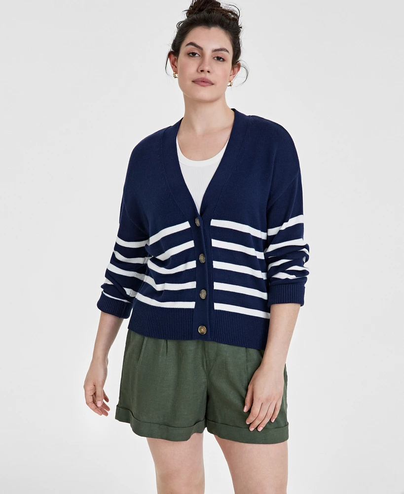 On 34th Women's V-Neck Striped Cardigan, Created for Macy's